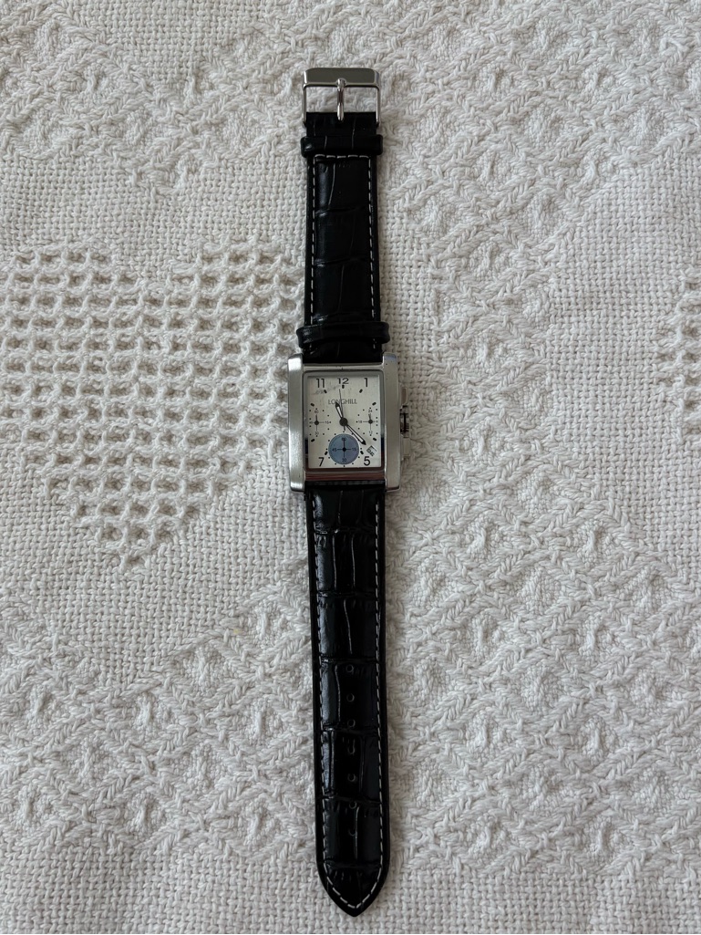 Square Silver Watch With Black Leather Strap